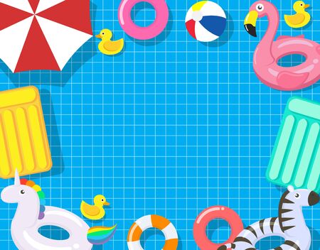 Pool party template with pool floats on swimming pool background - Vector illustrationのイラスト素材