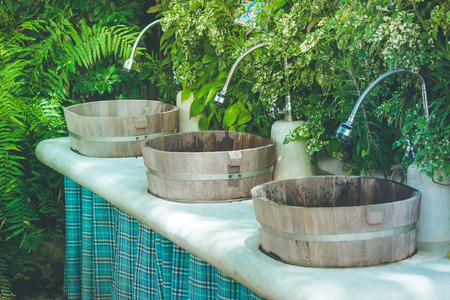 Tropical view row of wooden sinks & faucet in Japanese design with vertical plants wall background at outdoor garden.の写真素材