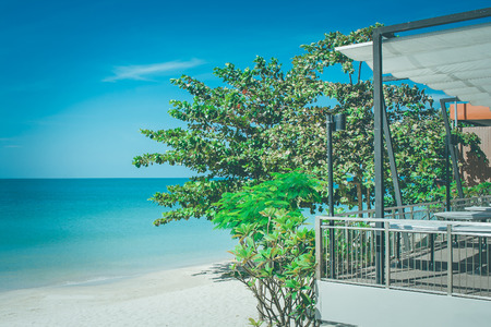 Green trees on sand beach with beautiful seascape view and blue sky in the background at Chao Lao Beach, Chanthaburi Province, Thailand.の写真素材