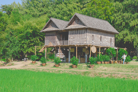 Traditional Thai wooden house with green rice field at countryside.の写真素材