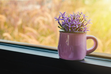 Close up beautiful purple flowers in steel vase or jar put on edge of window with sunlight. (Selective focus)の写真素材