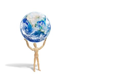 Business Responsibility Concept : Wooden figure mannequin carrying planet earth globe over head.の写真素材