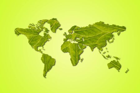 Ecology Concept :  Green world map that made from stacking of green leaves.の写真素材