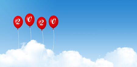 New Years Concept : Red balloons with 2020 words flying in white clouds and blue sky decorate for new years.の写真素材