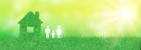 Ecology and Environmental Concept : Family and home icon on green artificial grass and sunlight in background.の写真素材