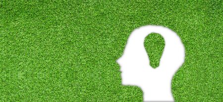 Ecology and Environment Concept : Artificial green grass in light bulb shape glowing in brain.の写真素材