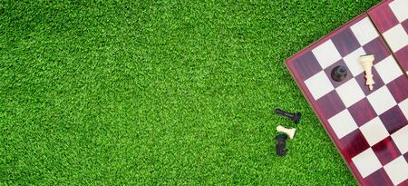 Business Competition Concept : Top view Black and White chess pieces lie on chess board and green grass.の写真素材