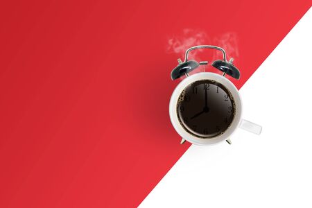Coffee Time Concept : Top view of Retro black alarm clock with coffee cup on red and white background.の写真素材