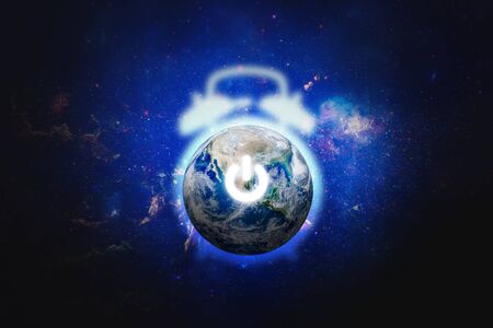 Earth Hour, Ecology and Environment Concept : Blue planet earth in the space  electric power button for Earth Hour Event. (      .)の写真素材