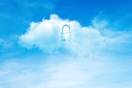 Cloud Technology, Internet, Digital and Networking Security Concept : Lock icon symbol on white cloud in blue sky.の写真素材