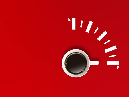 Creative and Motivation Concept : White cup coffee pointing to fully gauge scale on red background.の写真素材