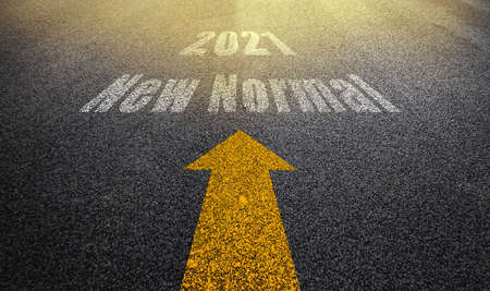 New Normal in New Year 2021 Concept : Empty asphalt street road and writing text 2021 and New Normal on roadway.の写真素材