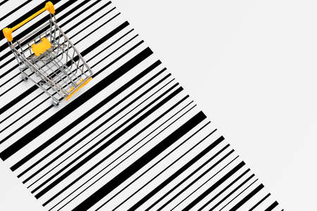 Business and Shopping Concept : Yellow shopping cart or trolley rally on barcode.
