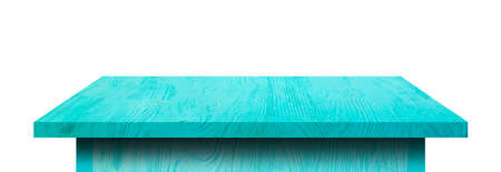 Side view of Blue wooden table top isolated on white background.の写真素材