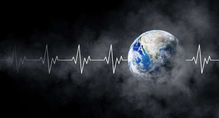 Ecology and Healthcare Concept : Blue planet earth with white pulse line and smoke in black...