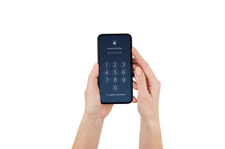 Technology, Internet, Digital and Networking Security Concept : Hand holding and showing smartphone with passcode keypad for lock or unlock, login or enter password screen.の写真素材
