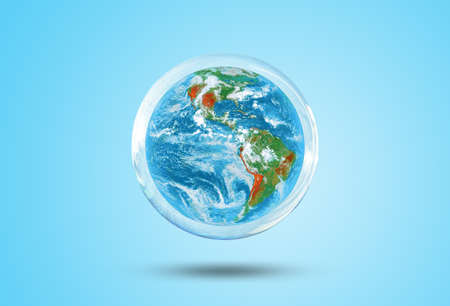 Ecology and Environment Concept : Blue earth in water bubble that floating over blue background.