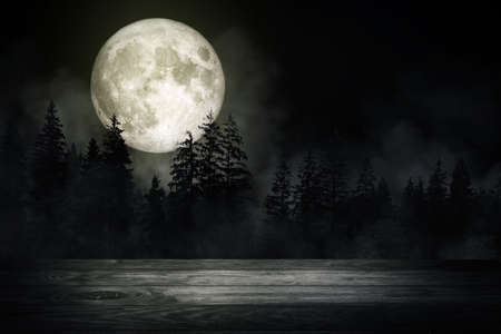 Wooden table top with forest in the dark night and fog or mist with full moon in background.の写真素材