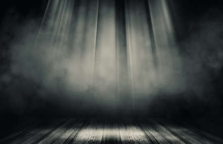 Empty space studio dark room of Wooden floor grunge texture background with spotlight.