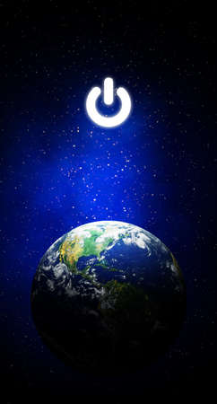 Earth Hour, Ecology and Environment Concept : Blue earth in the space with electric power button for...