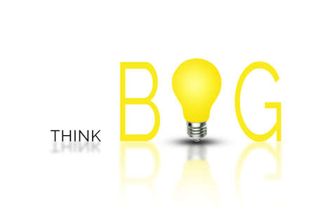 Big Thinking Concept : Minimalist art design of THINK BIG wording text and bright light bulb on white background.の写真素材