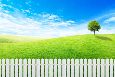 Long white wooden fence with Green grass meadow field and little hill with white clouds and blue sky...