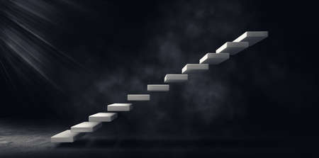 Side view architecture of Concrete or bare mortar staircase in dark room concrete grunge texture background.の写真素材