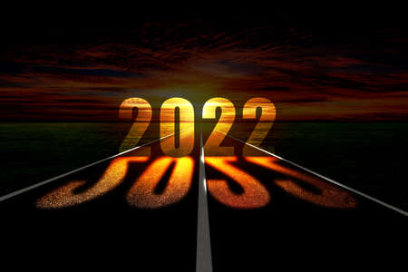 New Year Concept : Empty asphalt street road and writing text 2022 on roadway.