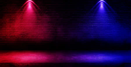 Empty space of Studio dark room with fog or mist and lighting effect red and blue on concrete floor...
