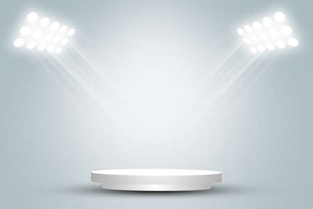 Empty space of Round white podium or pedestal in studio room with spotlight in gray background.の写真素材