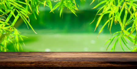 Side view of Empty wooden table top with blurred green bamboo in background.の写真素材