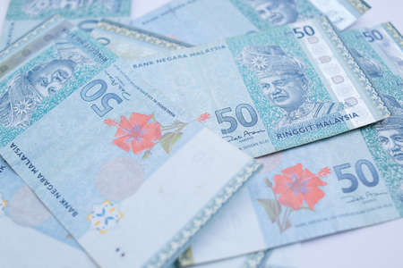 Malaysia Currency (MYR), 50 Ringgit Malaysia bank note close up.