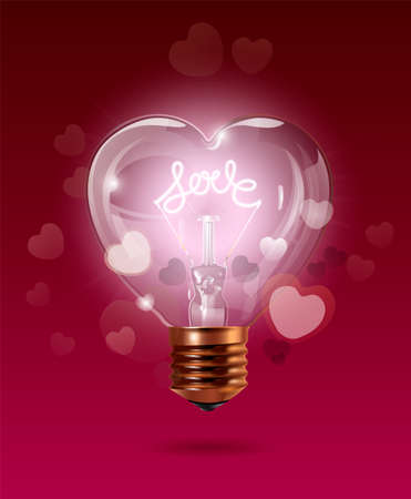 Happy Valentines Day. Transparent glowing electric light bulb with bokeh heart background and hand drawn love typography. Heart shape. Realistic style. Isolated background. Object for poster, web design, banner, card, postcard, event icon logo or badge.のイラスト素材