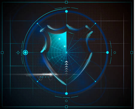 Cyber security shield with radar searching and digital data background. Isolated background. Network, search system, virus or information protection concept for poster, web design, banner, icon, badge. Vector illustration.のイラスト素材
