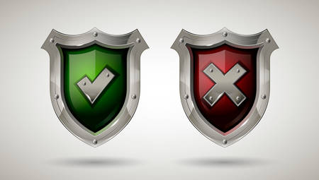 Cyber security metal shield with safety glass, check mark and cross. Realistic style. Isolated background. Network, search system, virus or information protection concept for poster, web design, banner, icon, logo or badge. Vector illustration.のイラスト素材