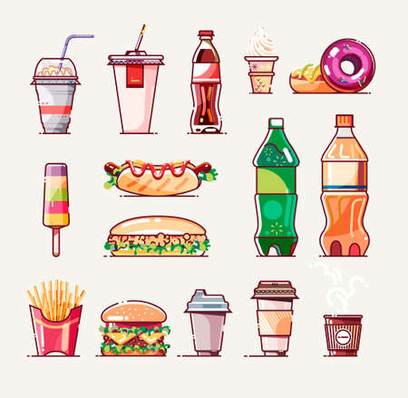 Fast food set. Icon collection for poster, web design, banner, logo or badge. Vector illustration.のイラスト素材