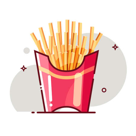 French fries in box. Flat cartoon style. Isolated fast food icon for poster, web design, banner,...