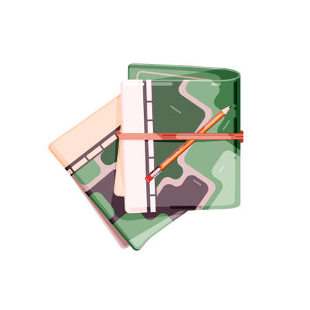 Folded traveling colorful map with pencil. Tourists equipment design elements. Cartoon vector illustration for poster, web design, banner, icon, logo or badge.のイラスト素材