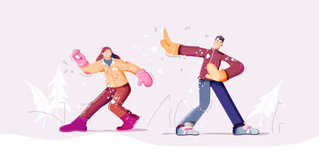 Snowball fight. Youth are playing in snow. Snowy winter landscape.のイラスト素材