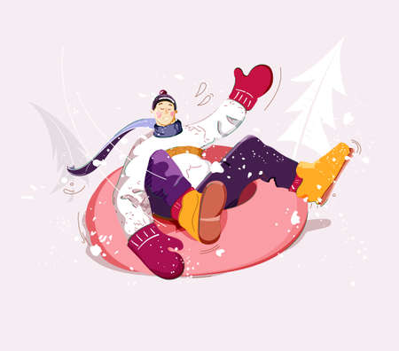 Snow tubing. Boy rides inner tube on snow. Wintertime outdoor activity.のイラスト素材