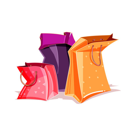 Colorful isolated paper bag on white background. Shopping flat cartoon vector illustration for poster, web design, banner, card, flyer, icon, logo or badge.のイラスト素材