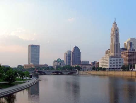 Columbus, Ohio and the Scioto River at sunset.の写真素材