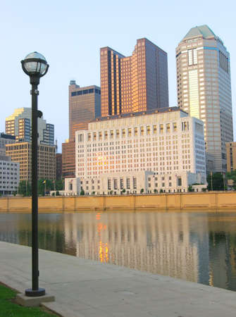 Evening view of downtown Columbus, Ohio and the Scioto River.の写真素材