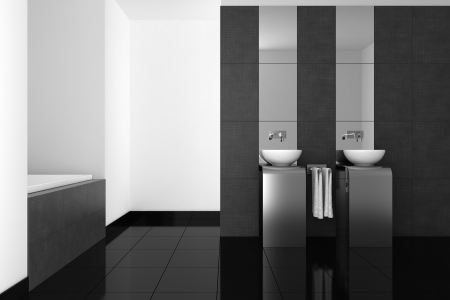 modern bathroom with double basin and black floor の写真素材