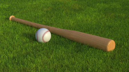 Baseball bat, and ball, on grass. Baseball equipment in the field. Close-up view of baseball...