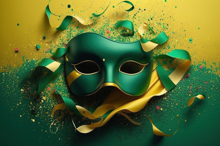 Carnival mask with colorful confetti and streamers. Carnival backgroundの写真素材
