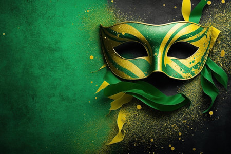 Carnival mask with colorful confetti and streamers. Carnival background with copy space for text.の写真素材