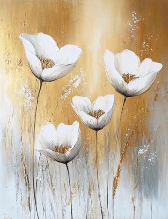 Three white poppies on a grunge background with gold paintの素材