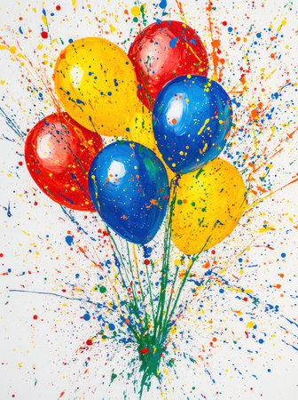 colorful balloons with splashes of paint on a white background.の素材