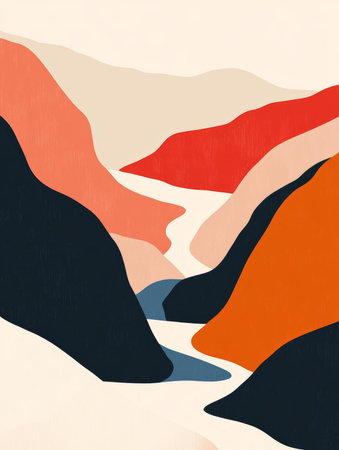 Abstract mountain landscape with flowing river. Vector illustration in minimal style.の素材